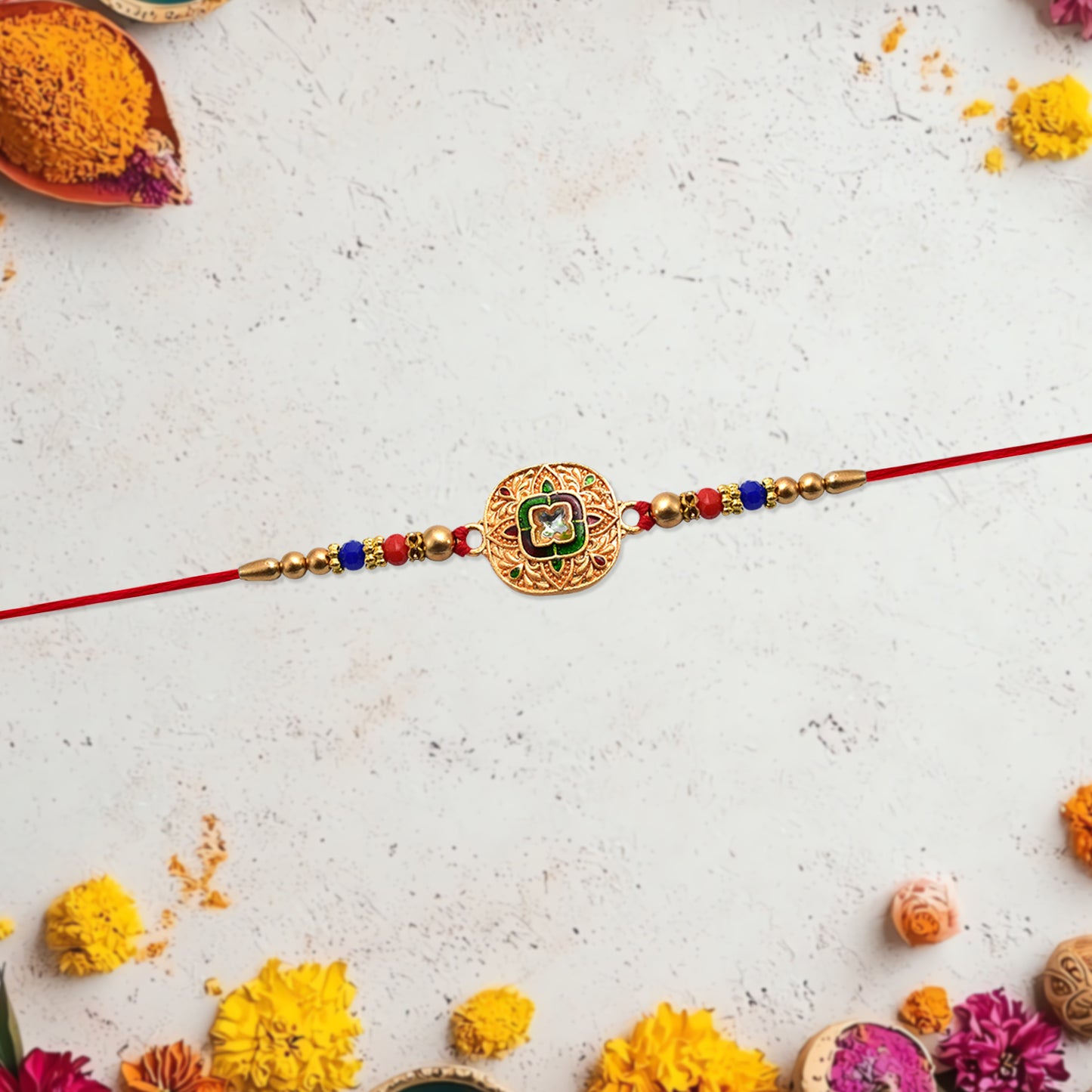 Traditional Kundan Rakhi with antique gold finish and multicolor beads, featuring intricate design by Wukusy for festive occasions