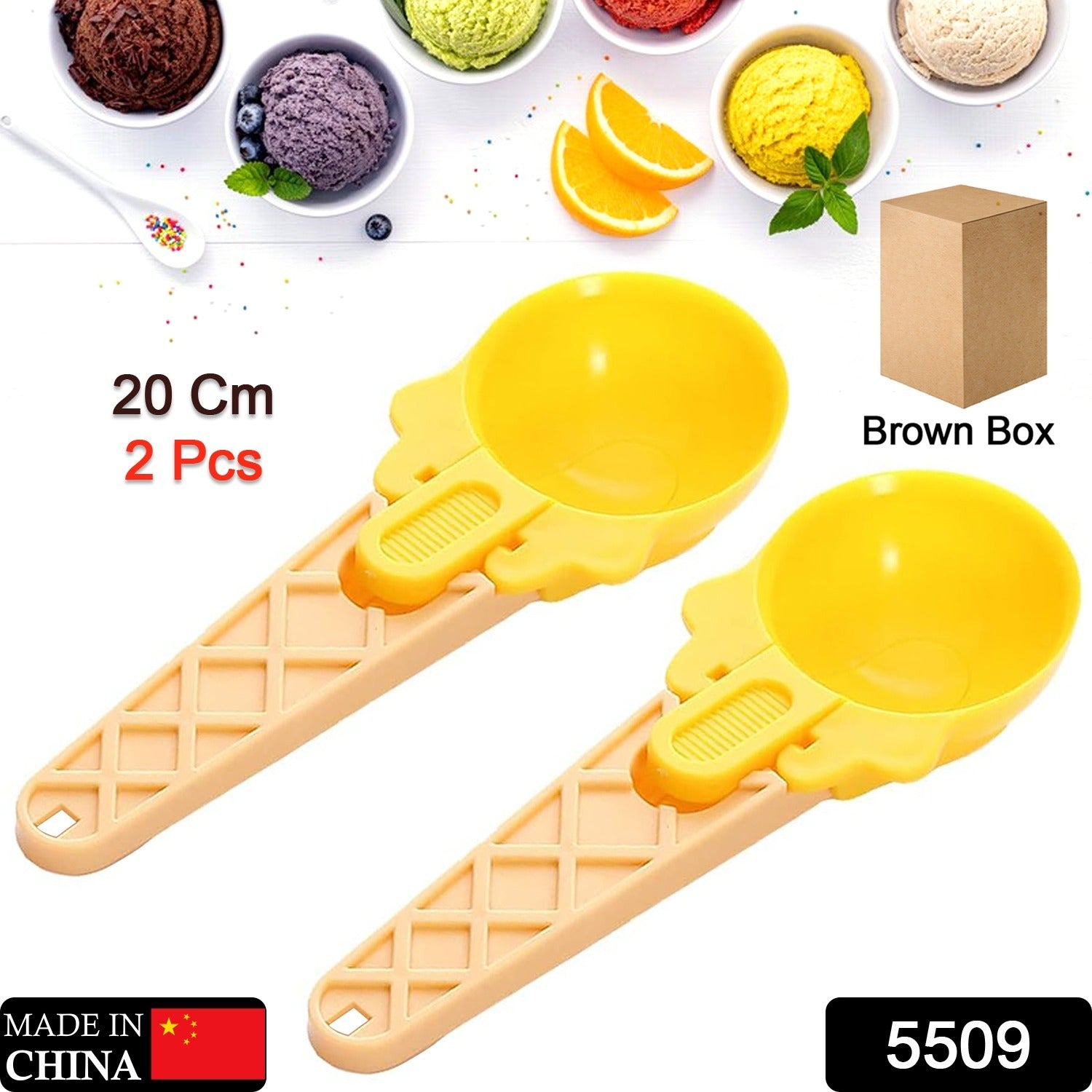 Two Wukusy plastic watermelon ice cream spoons with trigger dippers, ideal for summer parties and food serving in the kitchen.
