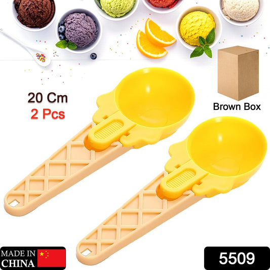 Two Wukusy plastic watermelon ice cream spoons with trigger dippers, ideal for summer parties and food serving in the kitchen.