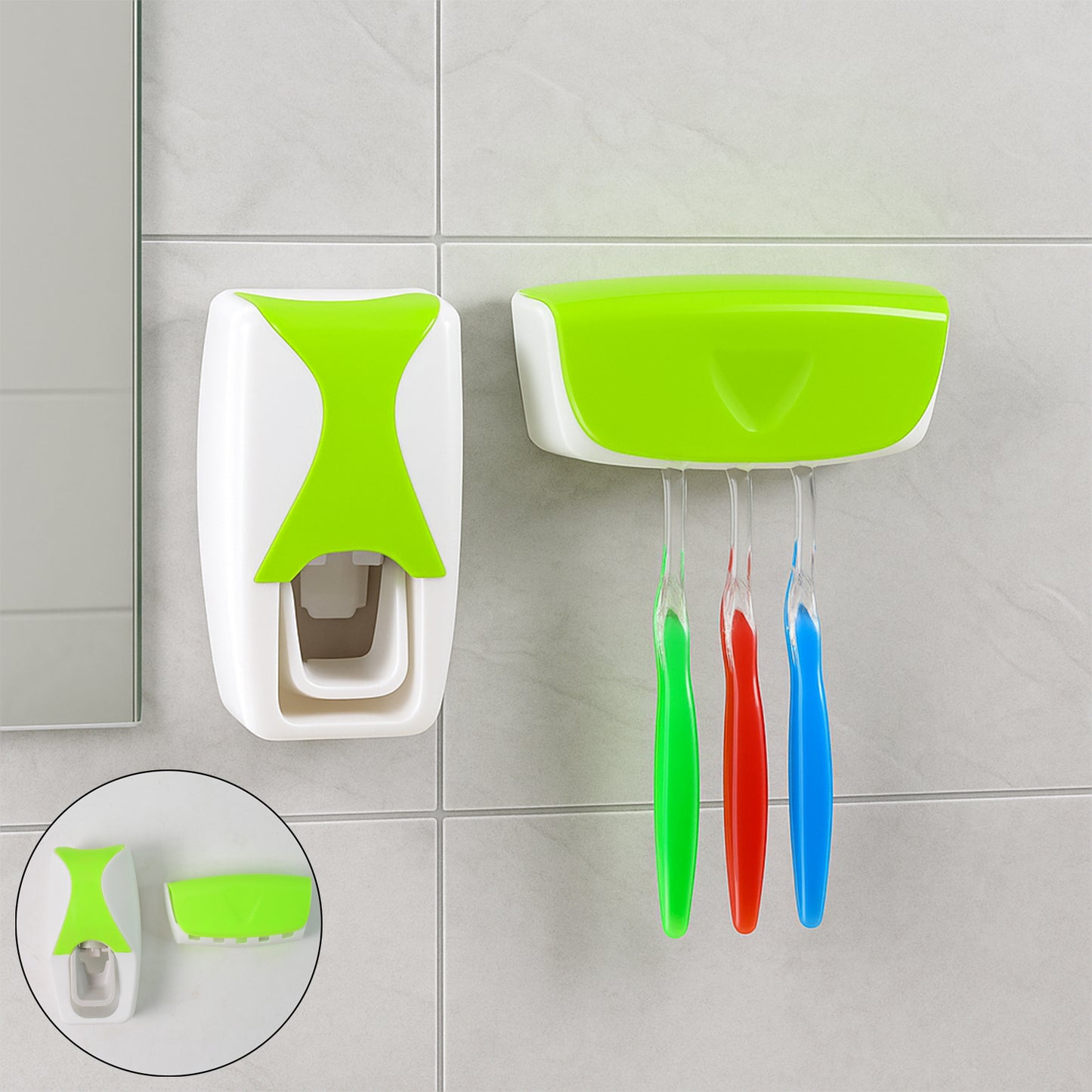 Wukusy 200-toothpaste dispenser with toothbrush holder showing the dispenser and toothbrush on a bathroom counter.