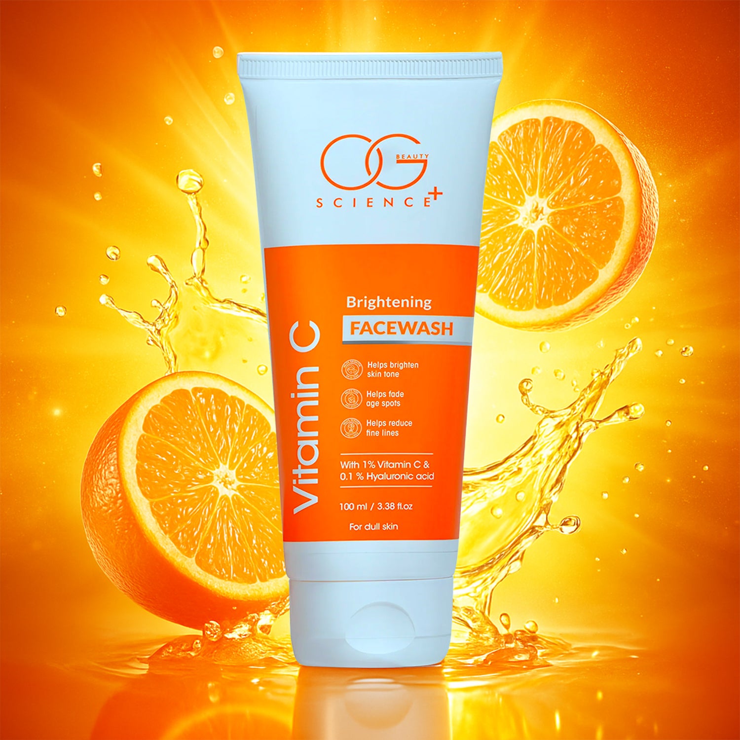 Wukusy Og Beauty Vitamin C Brightening Facewash in 100ml bottle, showing the clear liquid and packaging with bright design elements.
