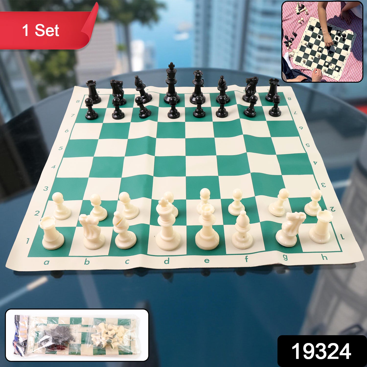 Wukusy Big Premium Portable Plastic Chess Set with black and white chess pieces arranged on a board for travel play.