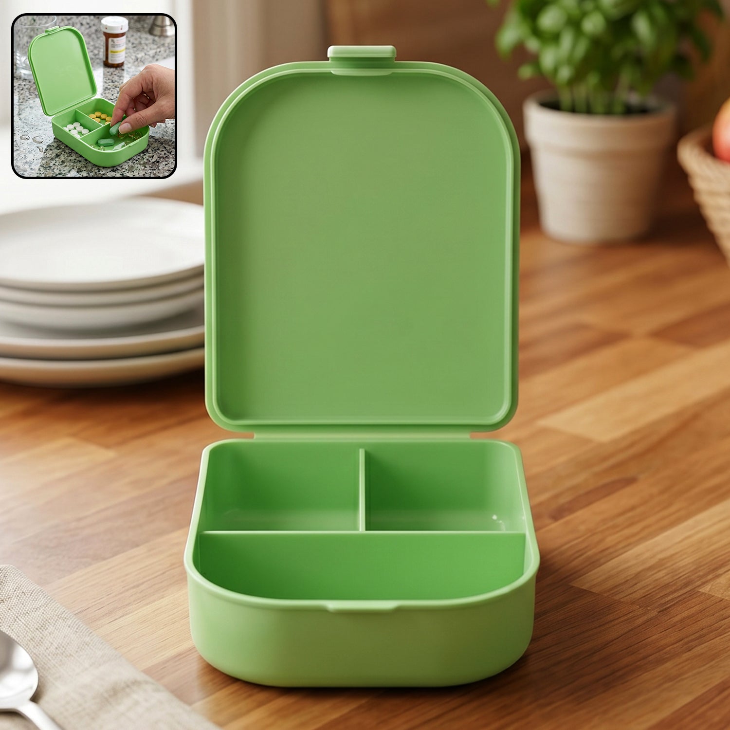 Wukusy 3-compartment plastic pill organizer box with individual lids for portable medicine storage and easy access.