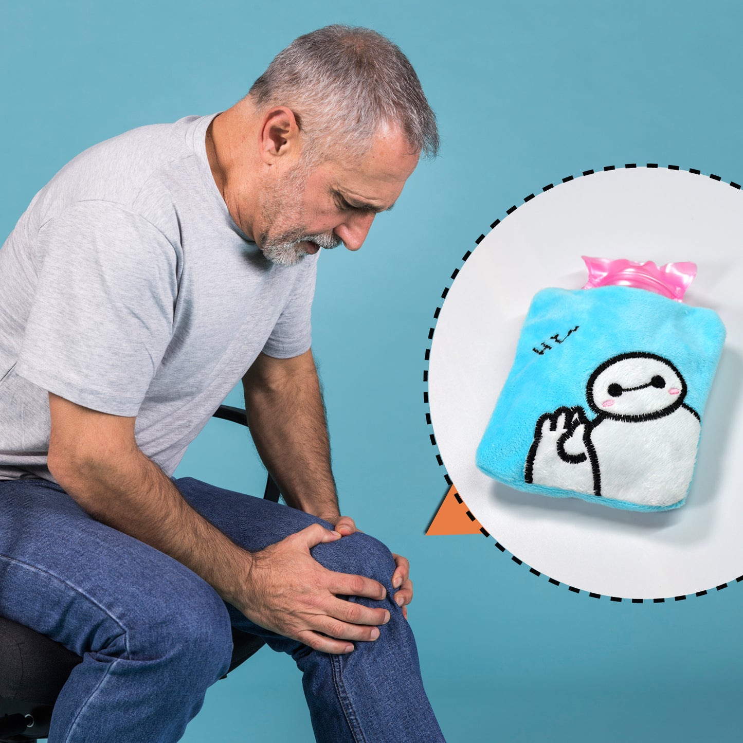 Blue Baymax small hot water bag with cover by Wukusy, perfect for pain relief, neck, shoulder, hand, feet warmth, and menstrual cramps.