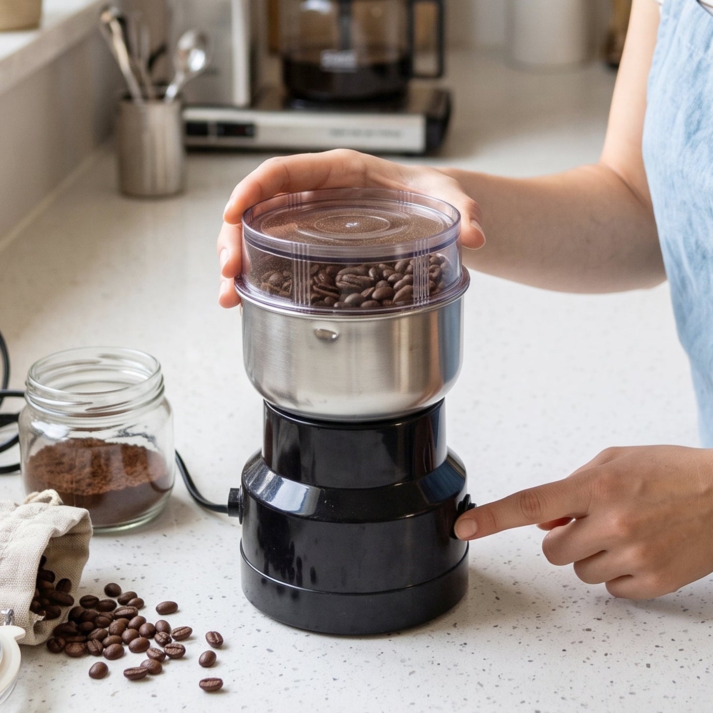 Wukusy electric coffee grinder with stainless steel blades, compact spice grinder machine for fresh ground coffee and spices.
