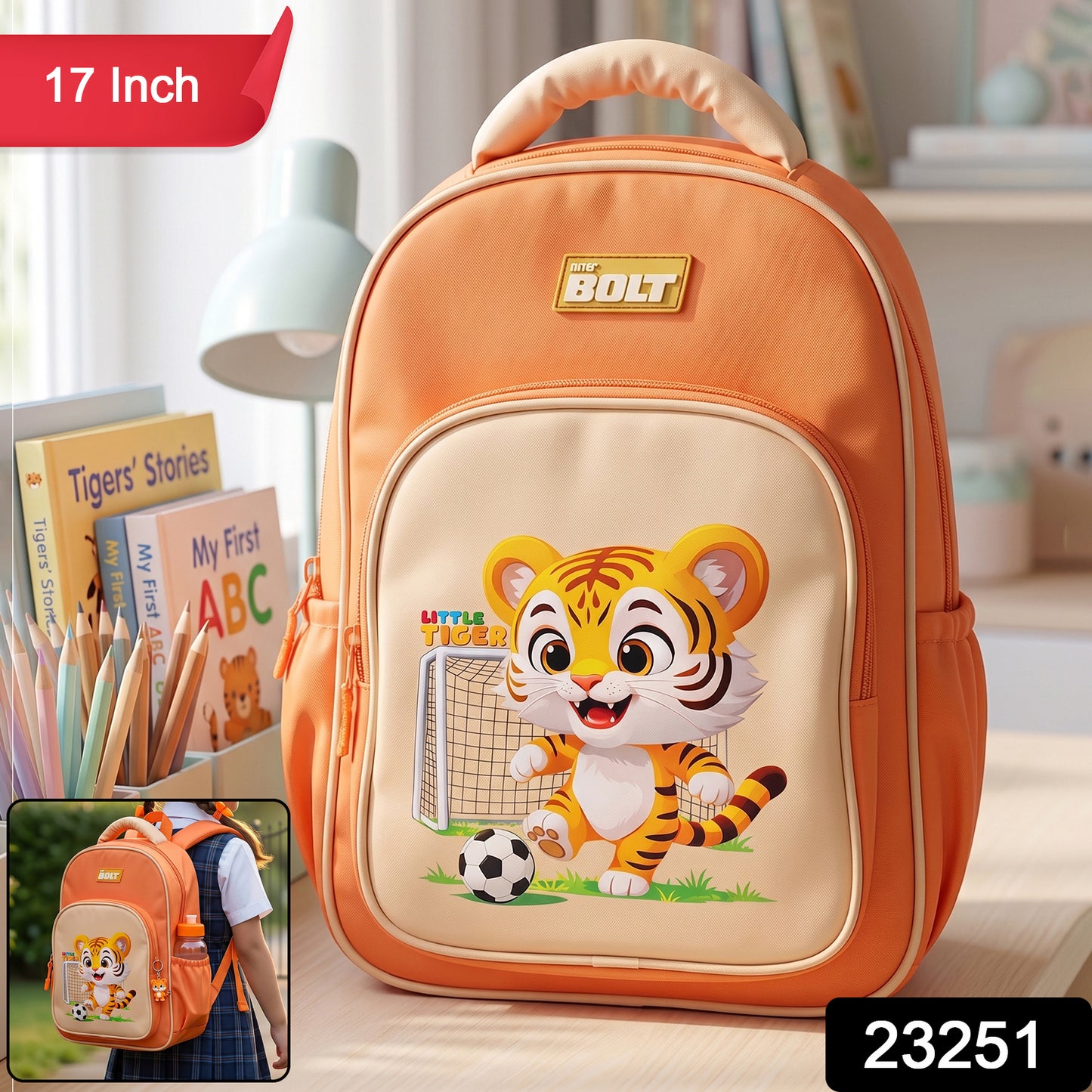 Cute cartoon school backpack by Wukusy, 17-inch size with colorful character design, suitable for students.