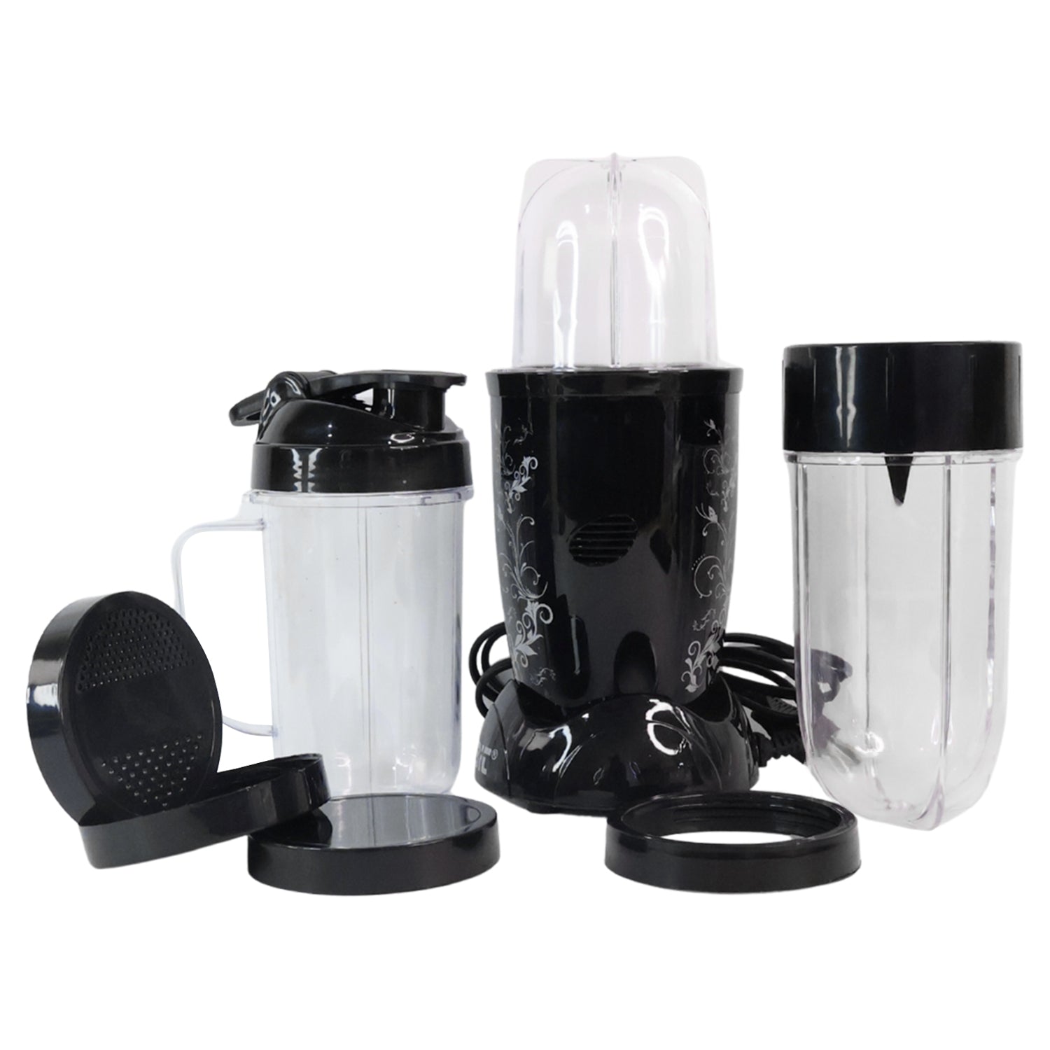 Wukusy Orbit Bullet Mixer Grinder with 400W motor and three stainless steel jars, ideal for home kitchen blending tasks.