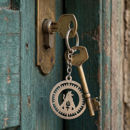 Wukusy premium metal round Mahakal keychain featuring intricate design and polished finish, ideal for keyring or decorative use.