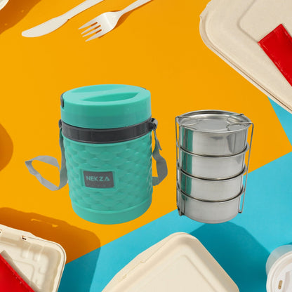 Wukusy 2364 double wall insulated stainless steel tiffin lunch box with four compartments, leakproof, BPA-free, stackable, for office or school.