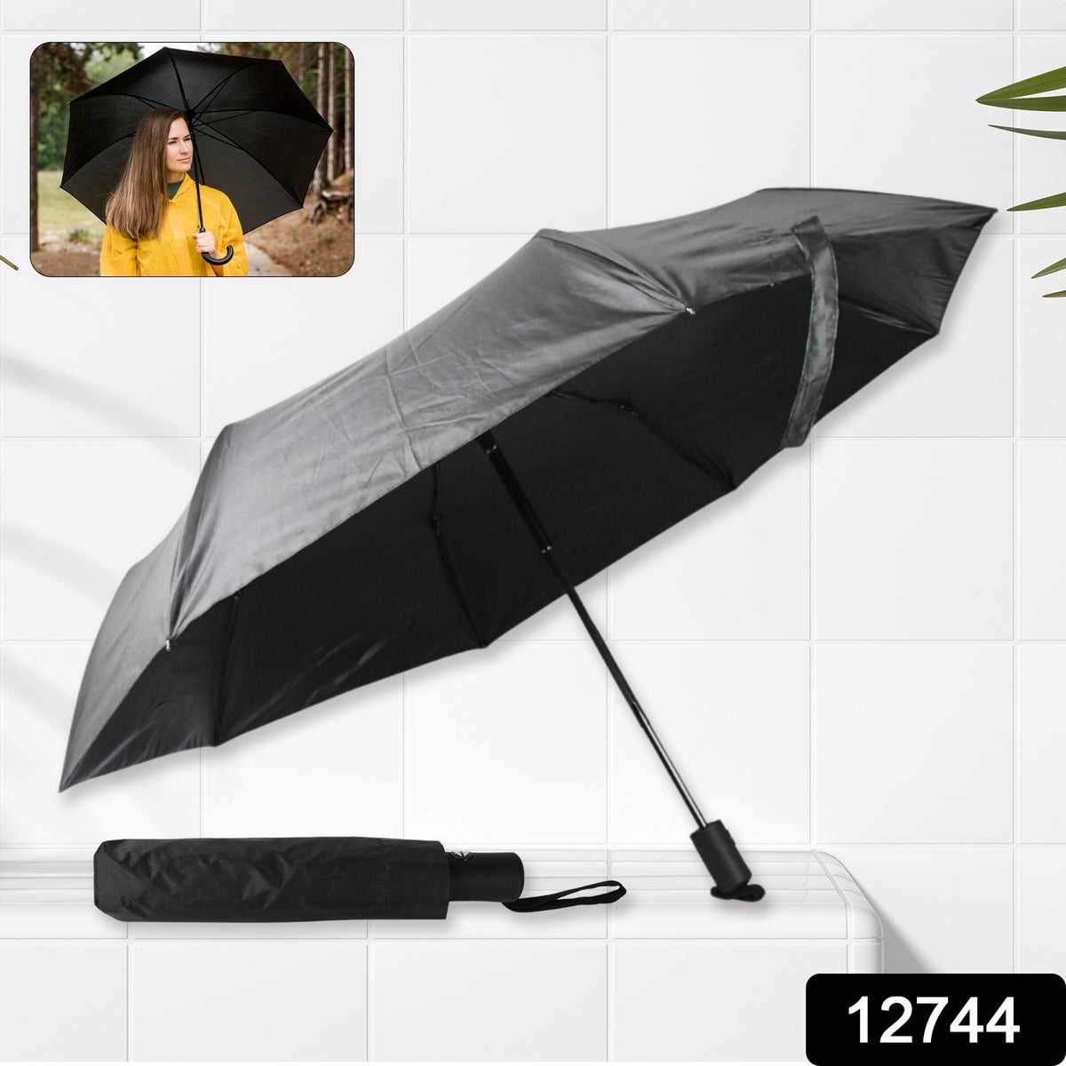 Wukusy 2-fold manual windproof umbrella with steel shaft, wrist strap, rain and sun protection for women, men, and kids.