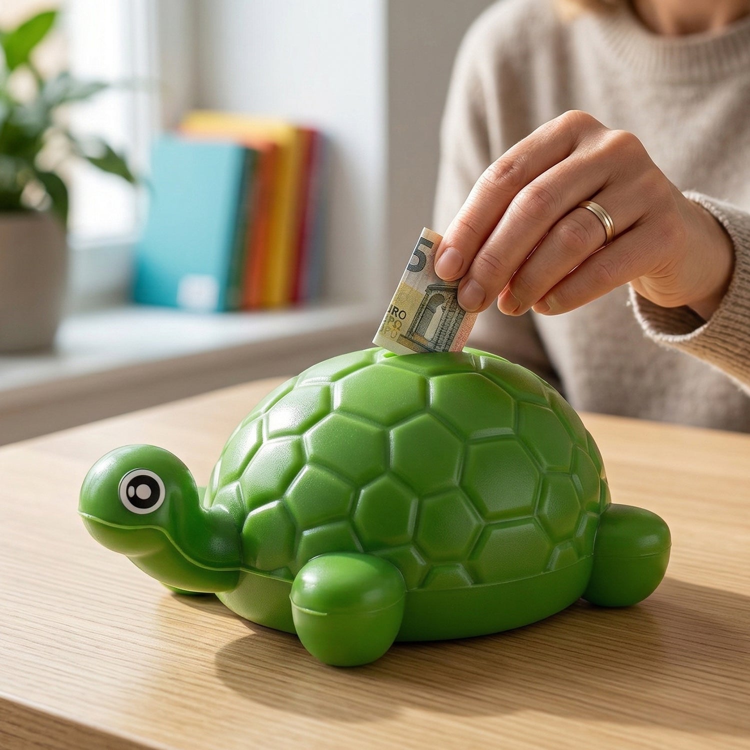 Small tortoise-shaped Wukusy money bank coin saving box with a realistic tortoise design and secure coin slot.