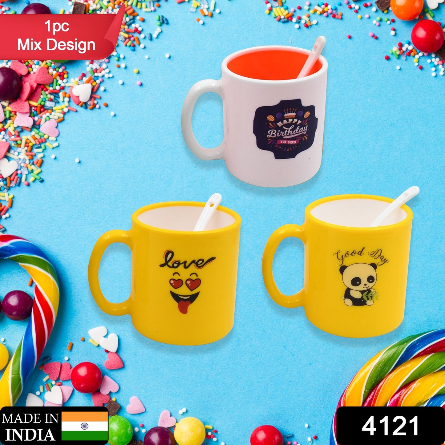 Wukusy 4121 Mix Design coffee mug with spoon and box, featuring colorful pattern, ideal for drinking coffee or beverages at home or office.
