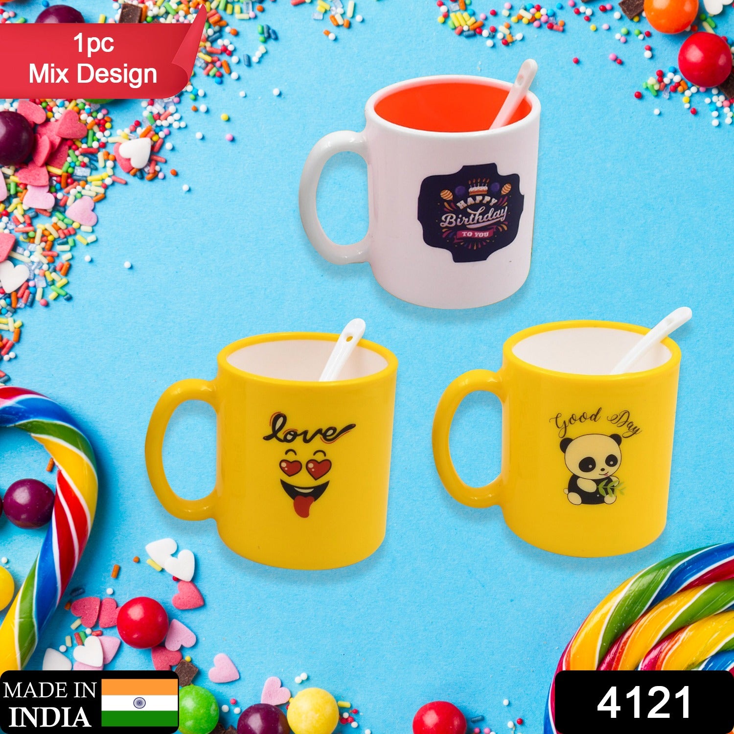 Wukusy 4121 Mix Design coffee mug with spoon and box, featuring colorful pattern, ideal for drinking coffee or beverages at home or office.