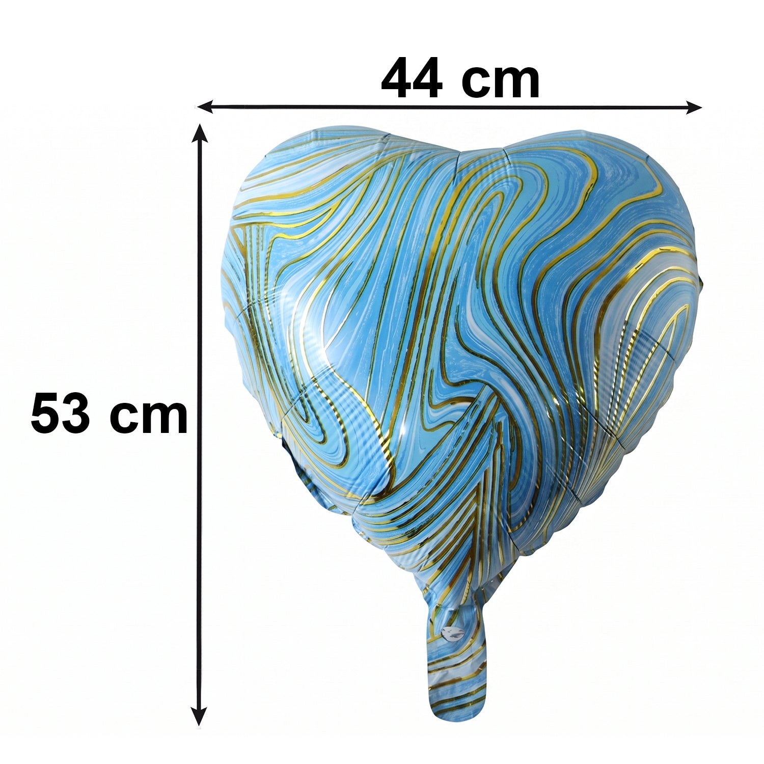 Blue marble heart-shaped foil party balloon by Wukusy, floating with reflective surface and vibrant blue and white marble pattern.