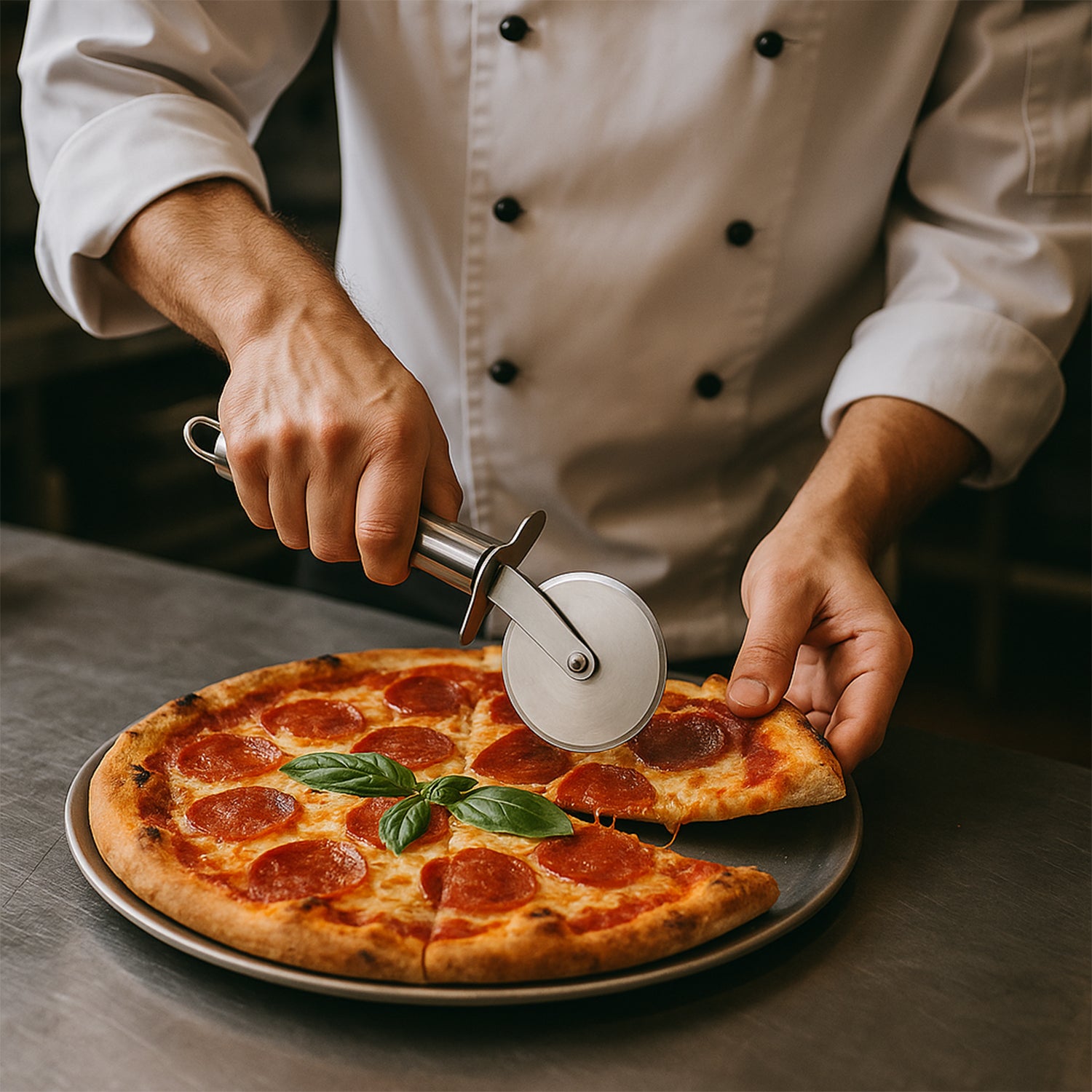 Wukusy premium stainless steel pizza cutter wheel with sharp blade, ideal for home and kitchen use, showing the circular cutting wheel.
