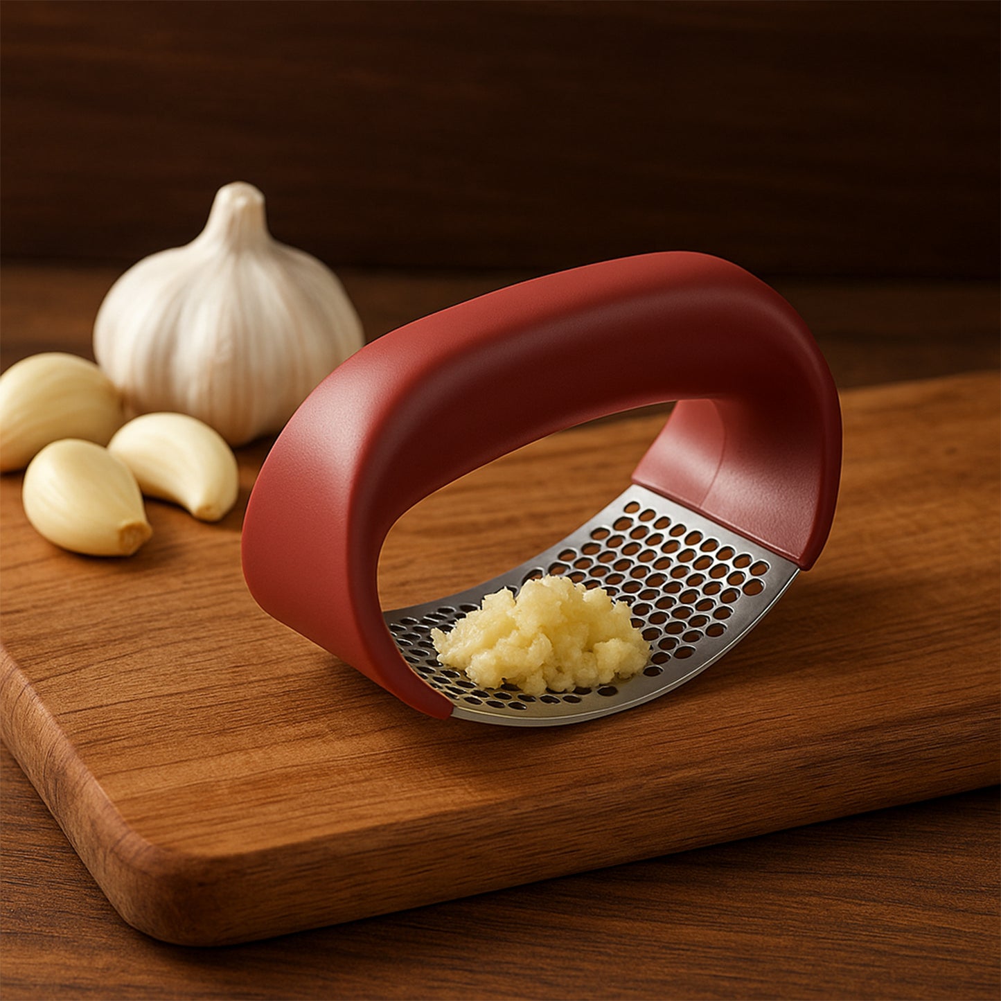 Wukusy Supermom Premium Curve Garlic Press Crusher for home kitchen, showcasing its ergonomic handle and stainless steel design.