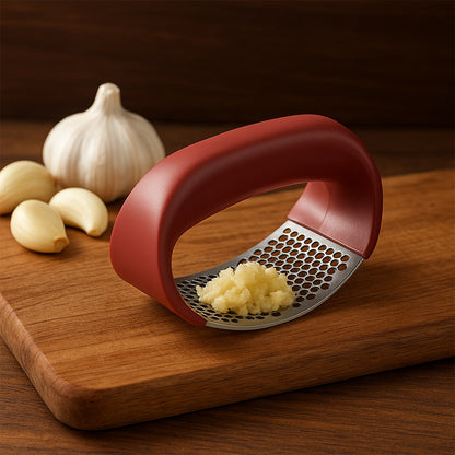 Wukusy Supermom Premium Curve Garlic Press Crusher for home kitchen, showcasing its ergonomic handle and stainless steel design.