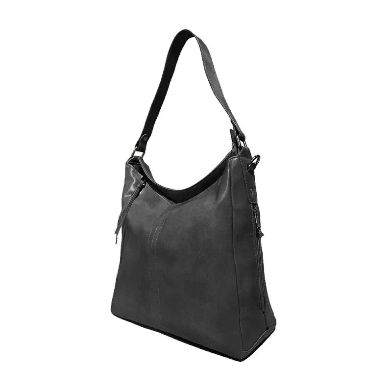 Black vegan leather shoulder bag with adjustable strap, water-resistant design, spacious interior, ideal for camping and hiking adventures.