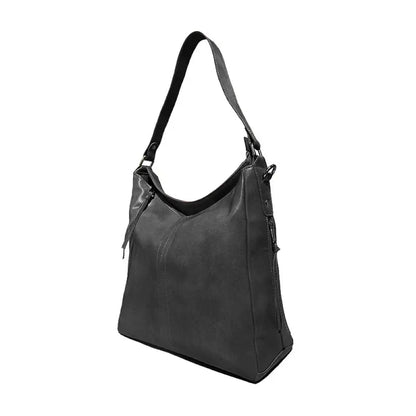 Black vegan leather shoulder bag with adjustable strap, water-resistant design, spacious interior, ideal for camping and hiking adventures.