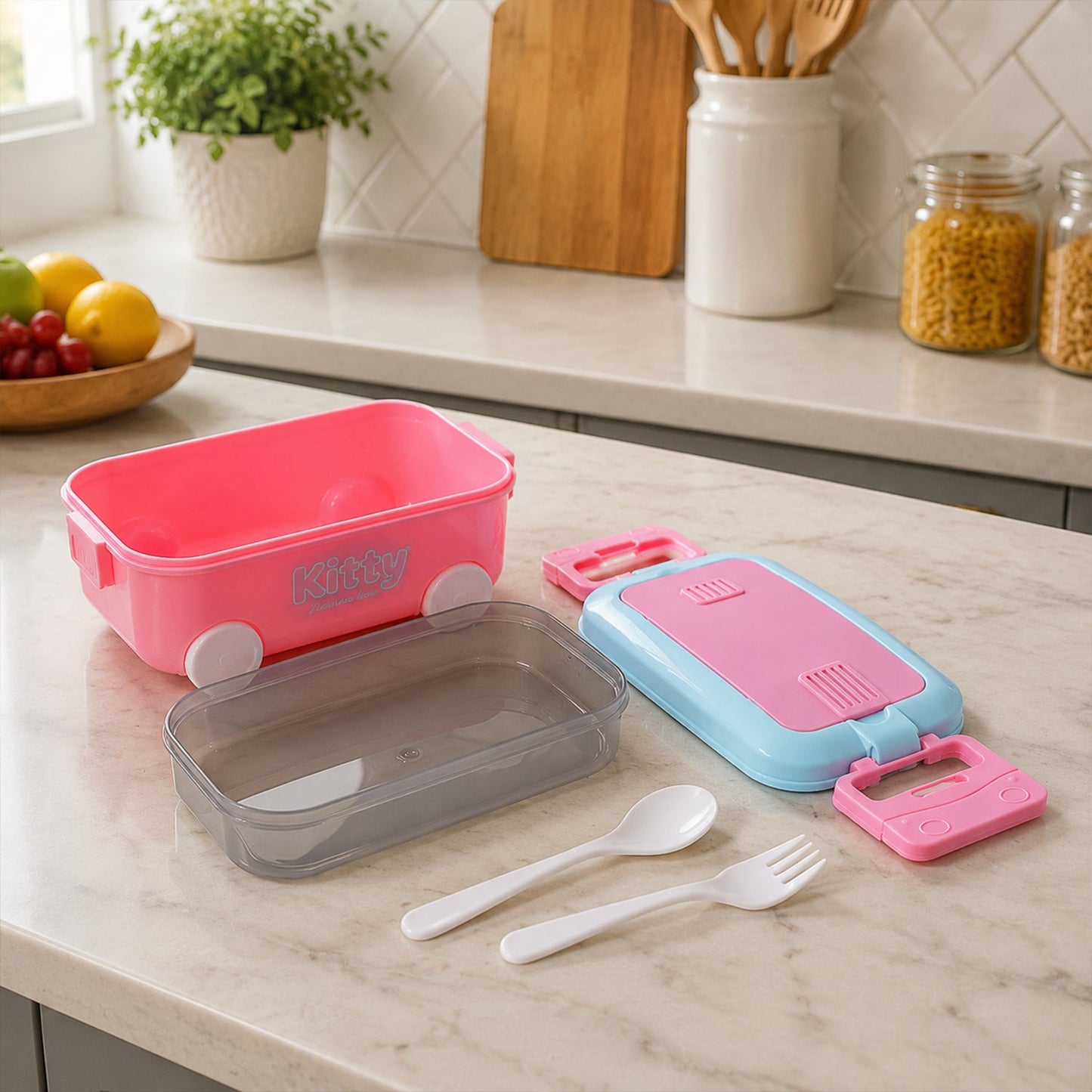 Wukusy car-shaped kids lunch box with wheels, spoon, and fork, designed for school tiffin, featuring colorful car design and compact size.