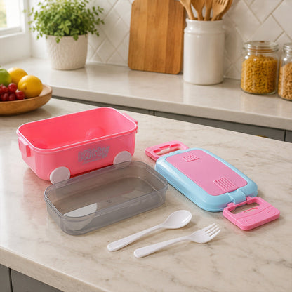 Wukusy car-shaped kids lunch box with wheels, spoon, and fork, designed for school tiffin, featuring colorful car design and compact size.