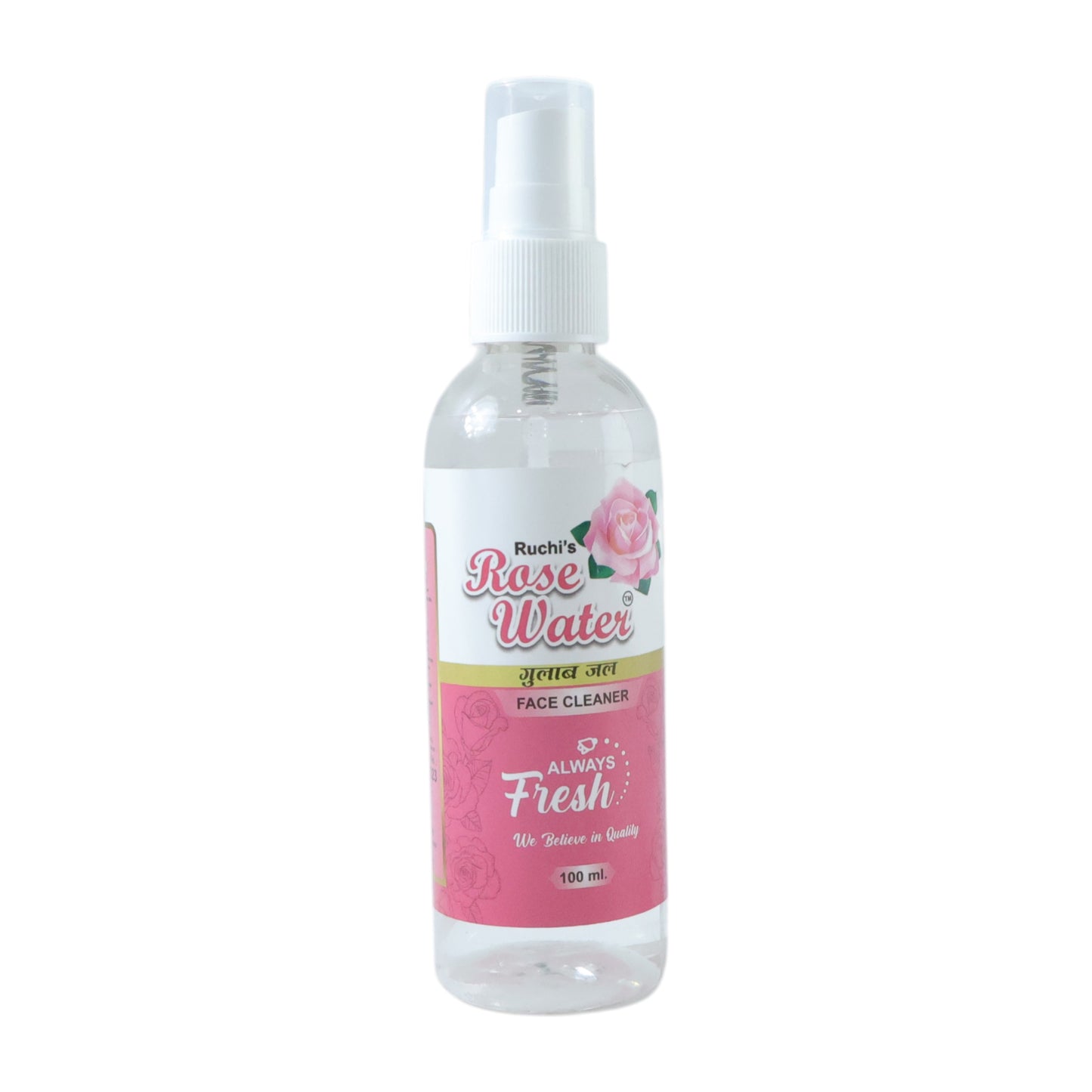 Wukusy Rose Water Face Mist Spray 100ml bottle with a clear, minimalist design and rose illustrations on the label.