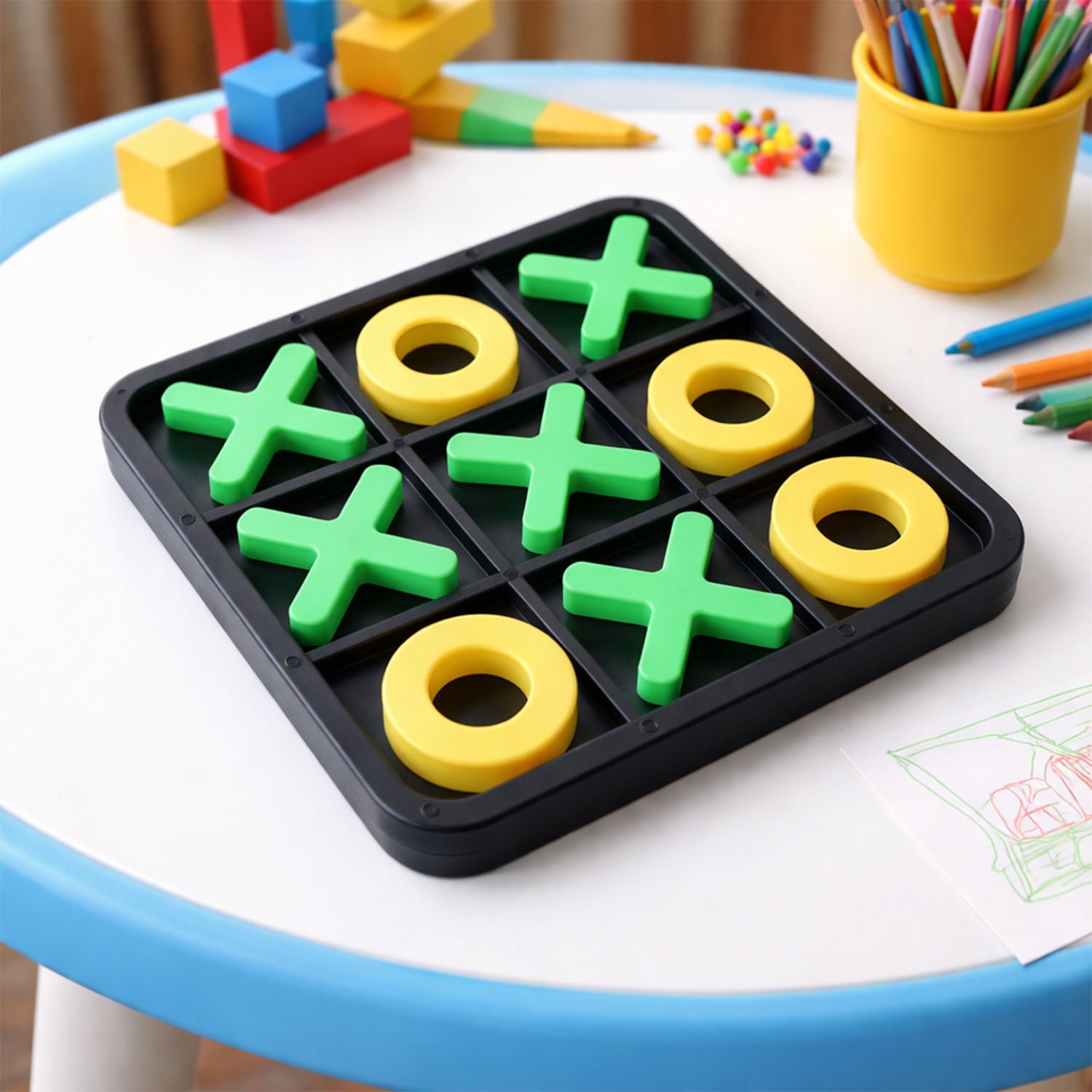 Wukusy classic Tic Tac Toe board game set with X and O game pieces on a wooden game board.