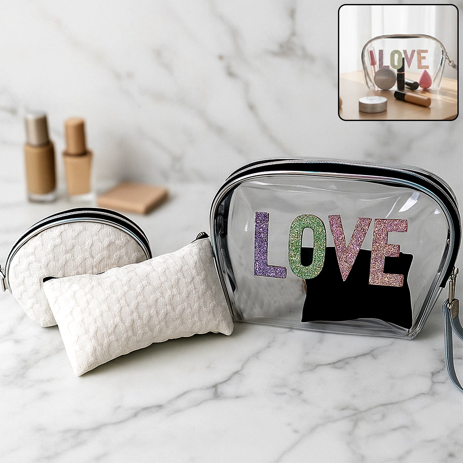 Travel 3-in-1 premium makeup bag set by Wukusy featuring organized compartments and sleek design for cosmetics and toiletries.