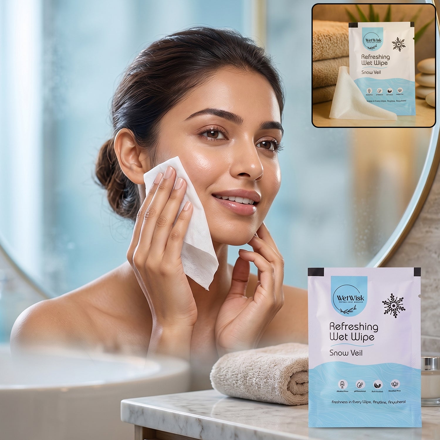 Wukusy Snow Veil refreshing wet wipes for face, body, and hands, moist cleansing wipes on a white background.