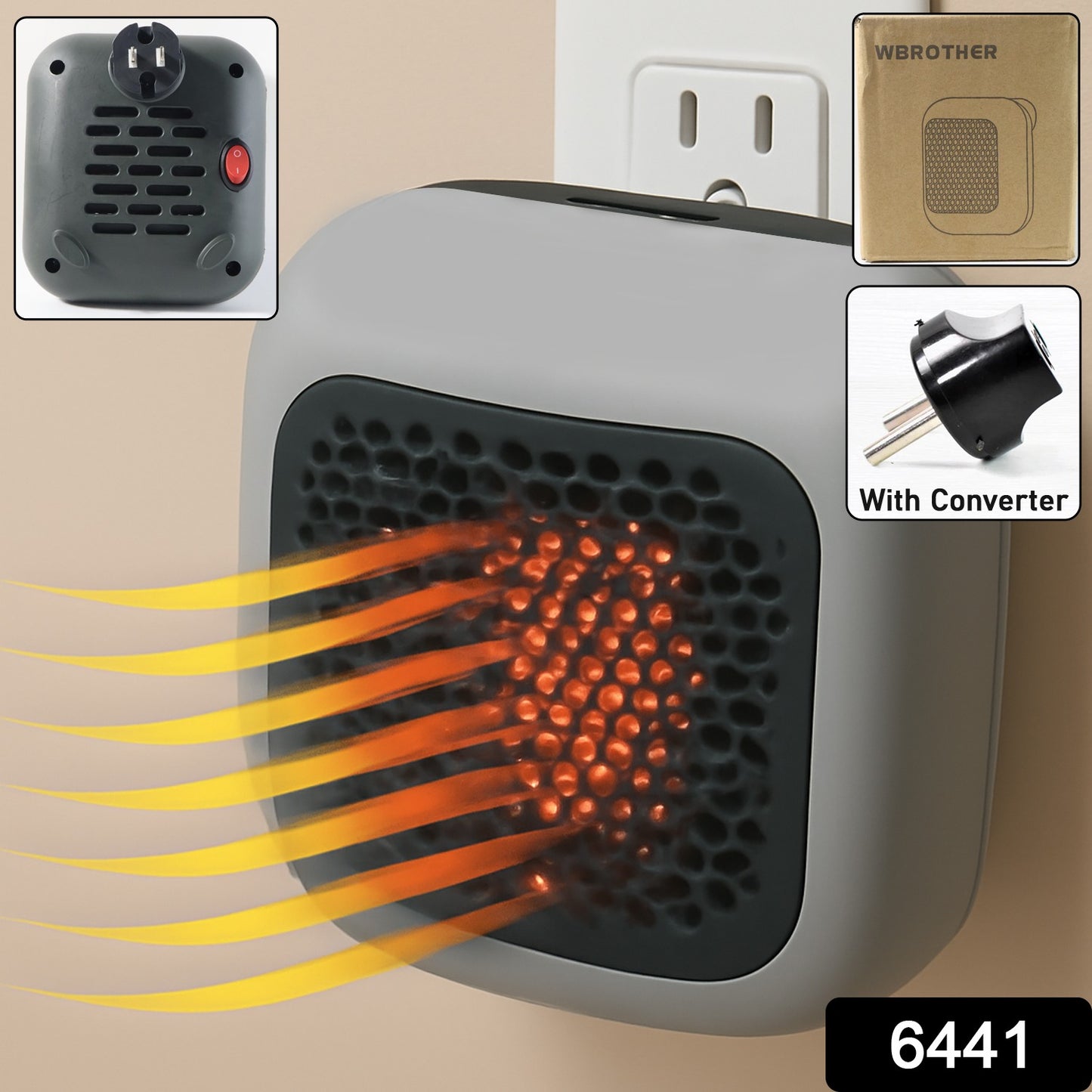 Wukusy 600W wall-mounted plug-in room heater for office use with converter, shown mounted on a wall in a modern office setting.