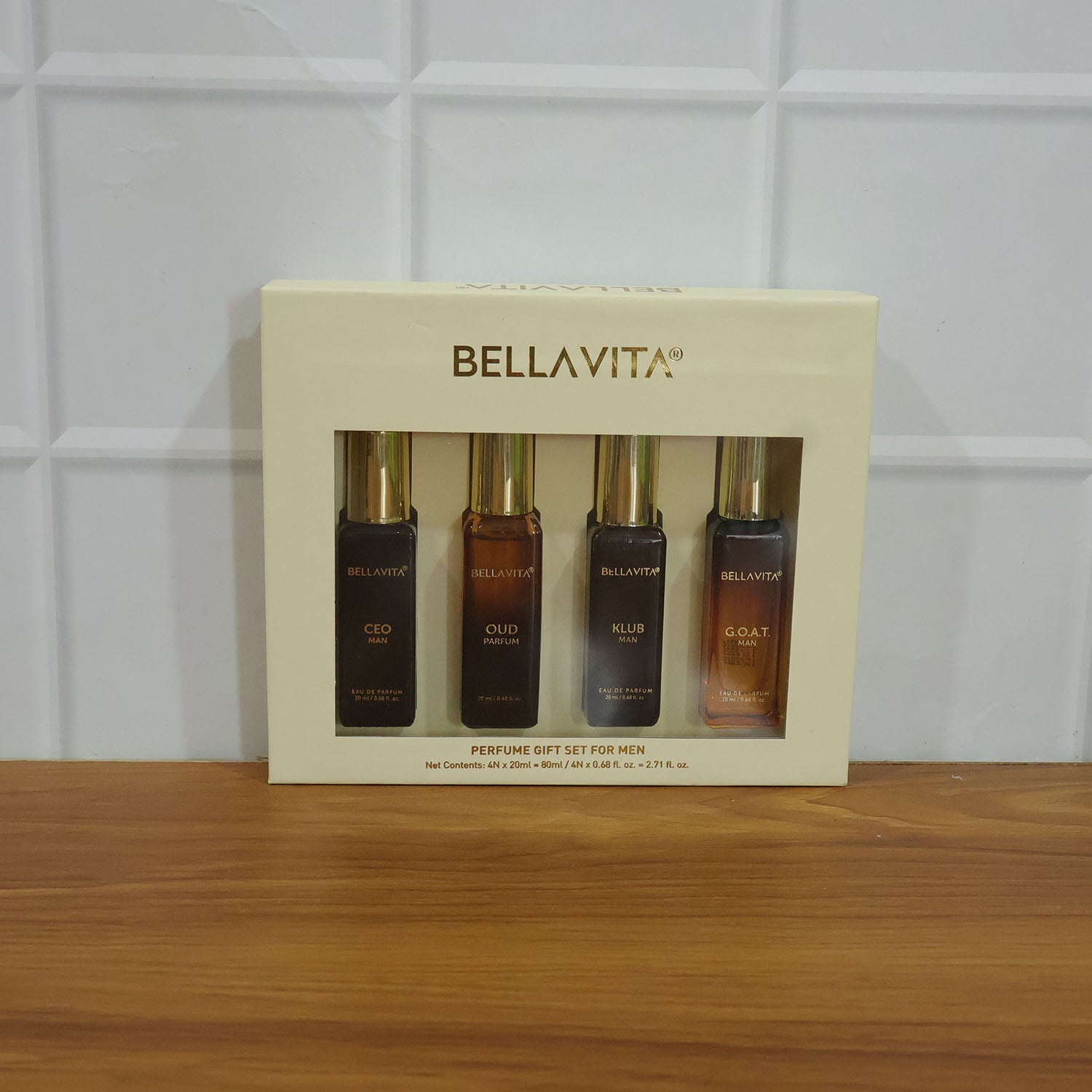 Wukusy Bellavita men's luxury perfume gift set with four 20ml bottles arranged in elegant packaging