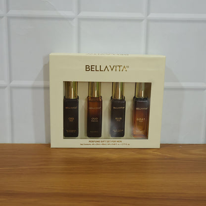 Wukusy Bellavita men's luxury perfume gift set with four 20ml bottles arranged in elegant packaging