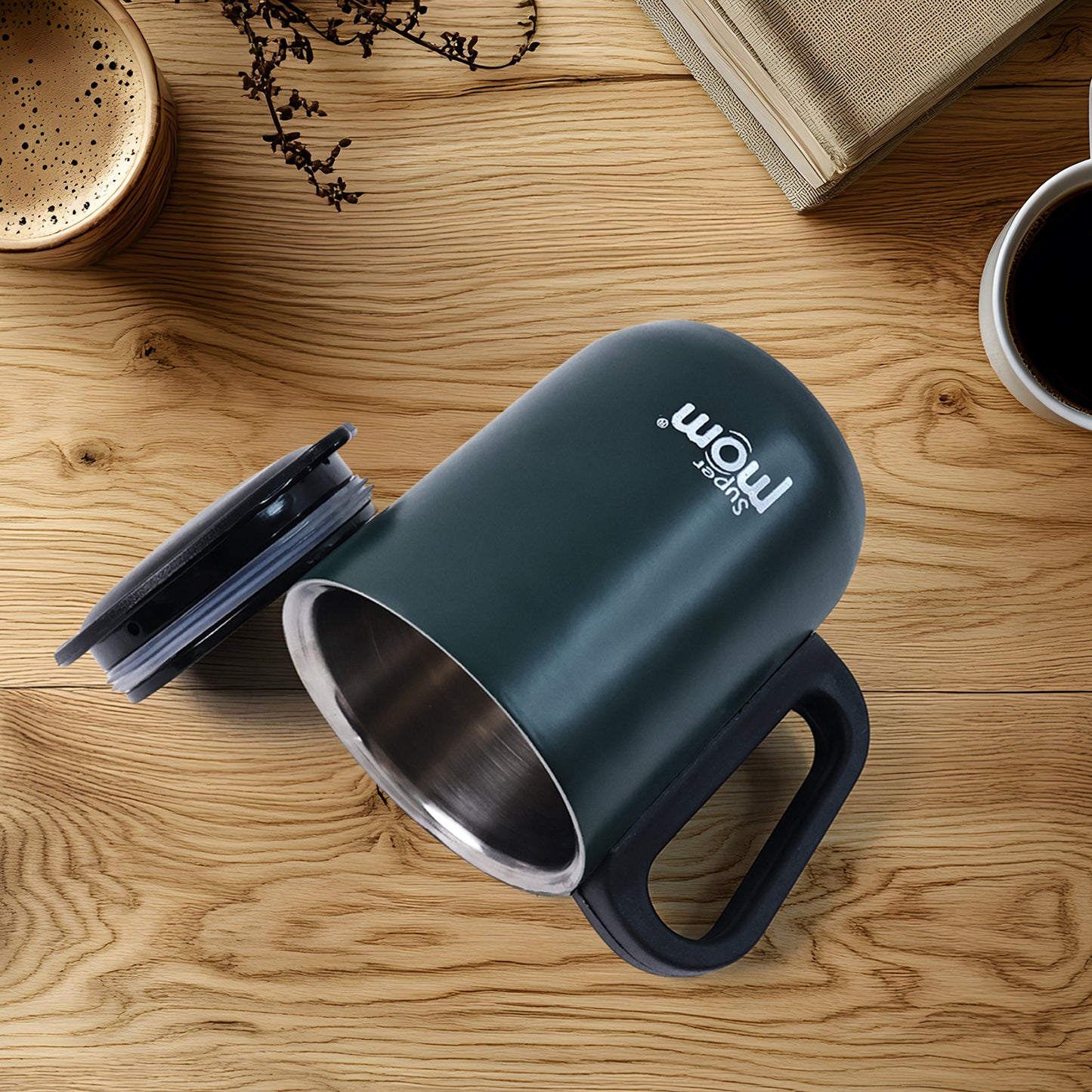 Wukusy Supermom metallic stainless steel insulated mug with lid, 300ml, perfect for home and kitchen use.
