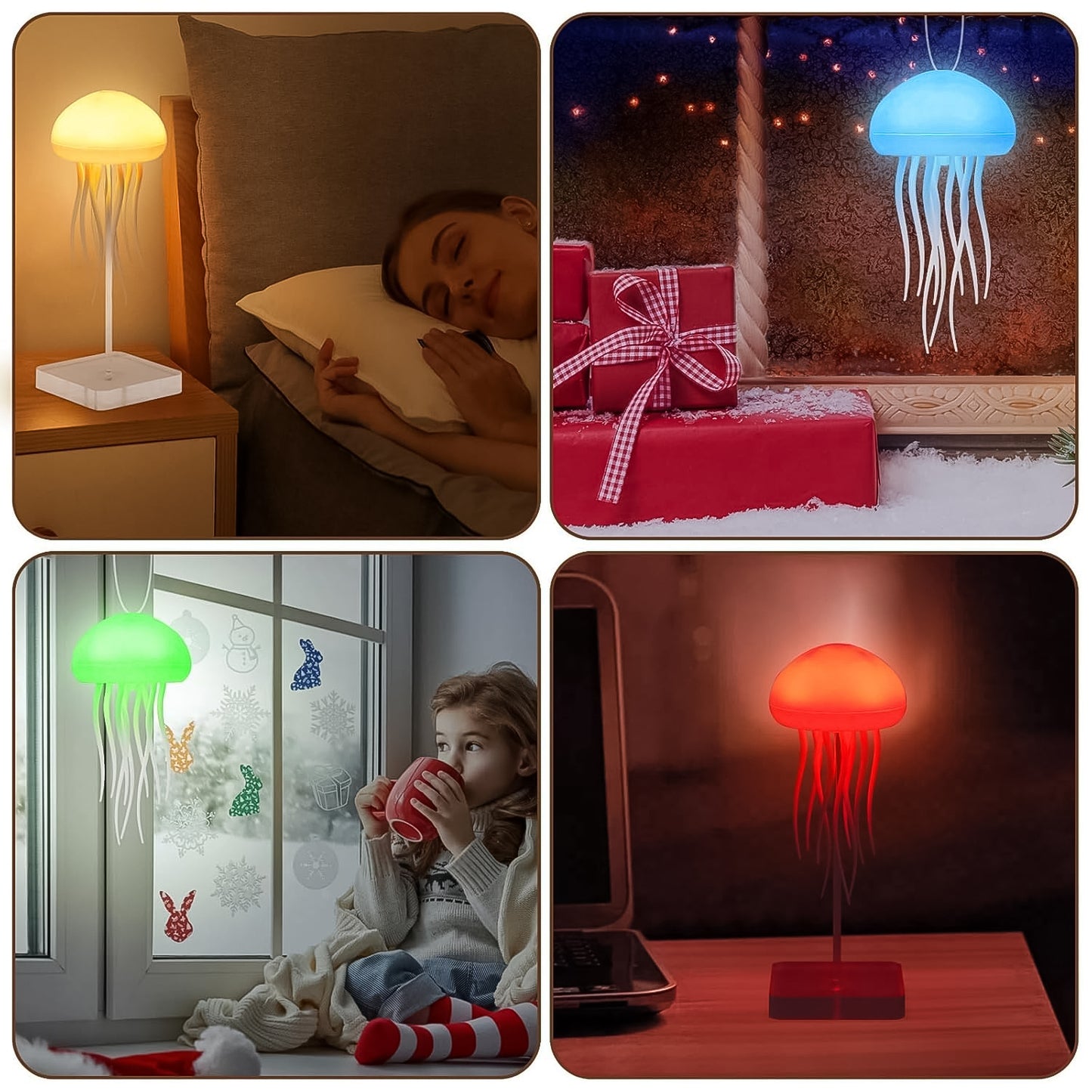 Wukusy jellyfish-shaped LED mood light lamp illuminated in vibrant colors, showcasing its soft glowing jellyfish design.