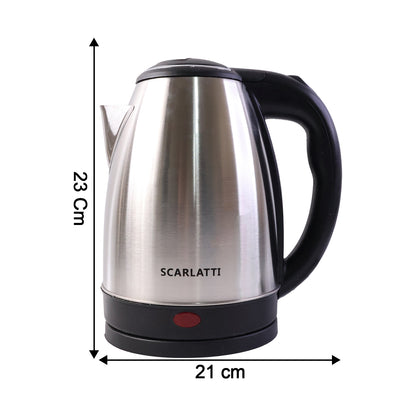Wukusy Scarlatti stainless steel electric kettle with a 2-liter capacity, featuring a sleek design and a clear water level window.