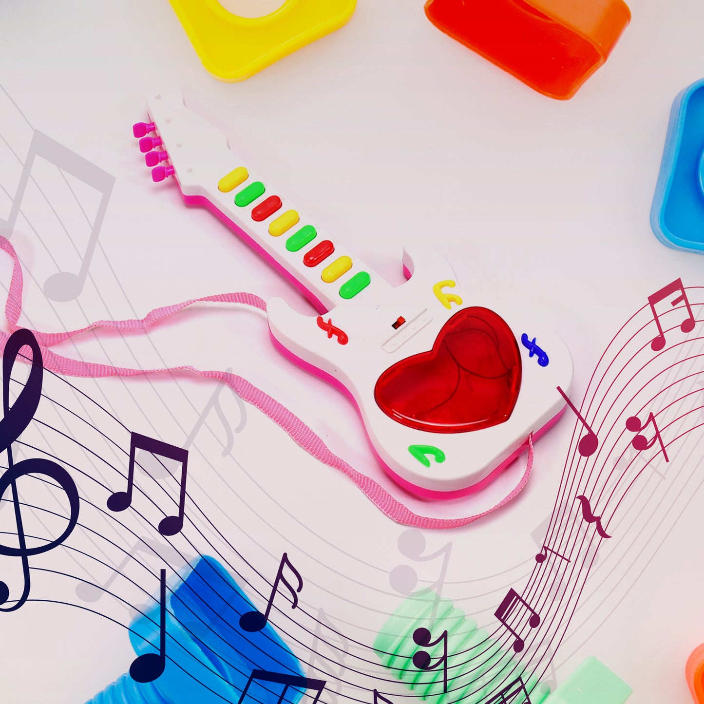 Wukusy battery-operated mini guitar toy with lights, designed for children 3+ years old, featuring colorful musical instrument design.