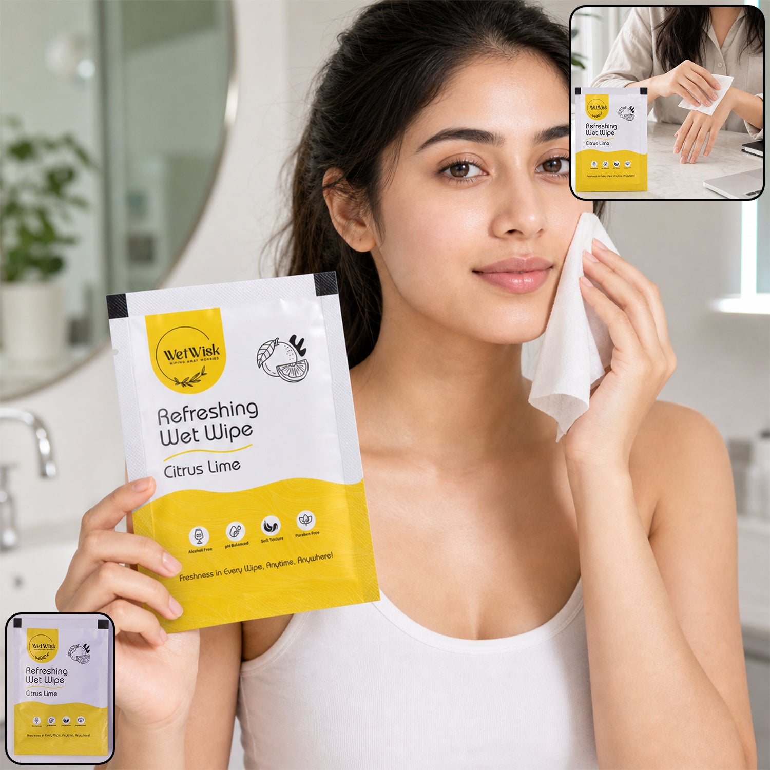 Wukusy citrus lime refreshing wet wipe for face, hands, and body, showing the clean, moist wipe with citrus scent and refreshing texture.