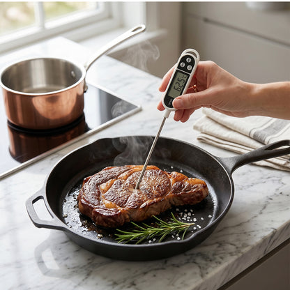 Wukusy digital food thermometer with LCD display showing temperature readings and stainless steel probe for cooking accuracy