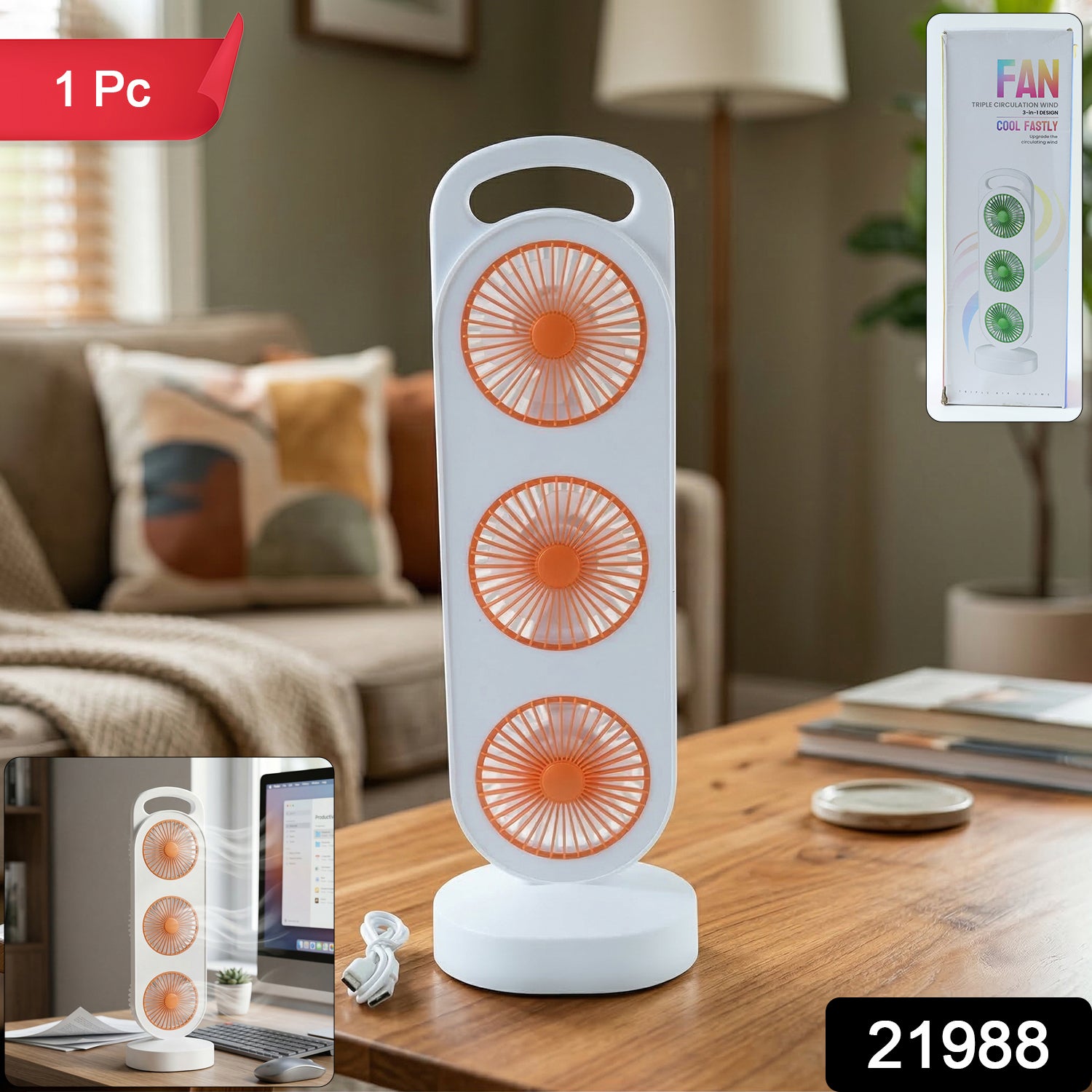 Wukusy portable 3-in-1 triple head table fan with adjustable height and rotating heads, ideal for desktop cooling.