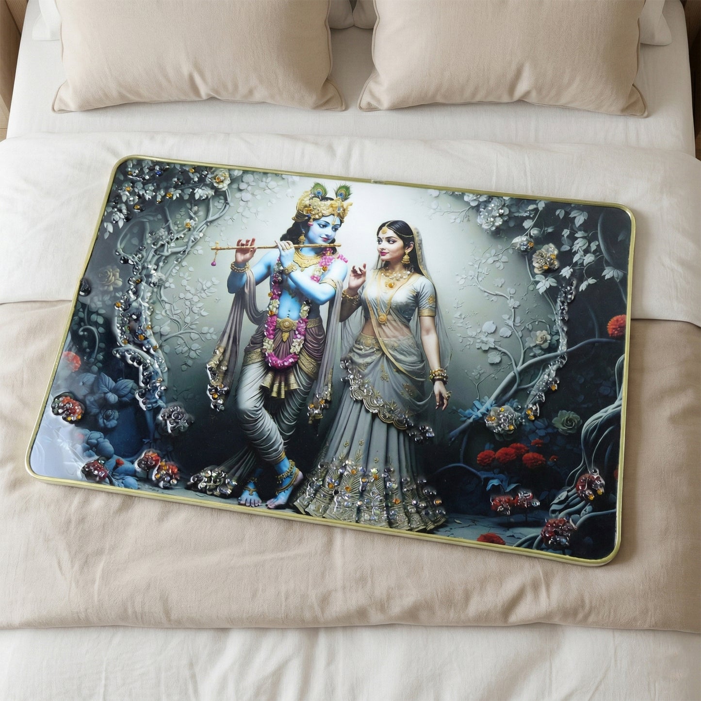 Divine Radha Krishna flute art wall frame by Wukusy, 45x30 cm, featuring intricate religious artwork for home decor.