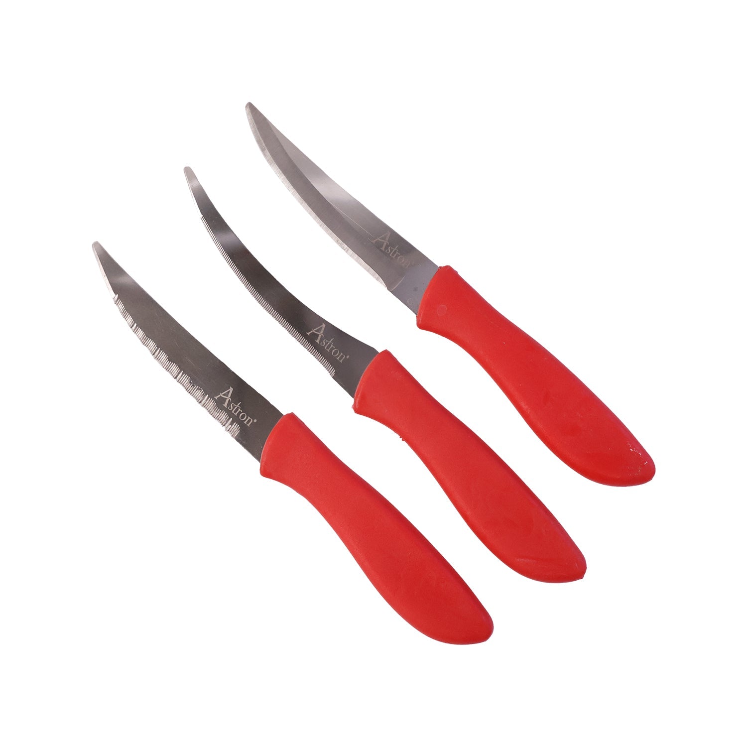 Wukusy SS Classic Kitchen Knife Set with three stainless steel knives and plastic handles, displayed on a wooden cutting board.