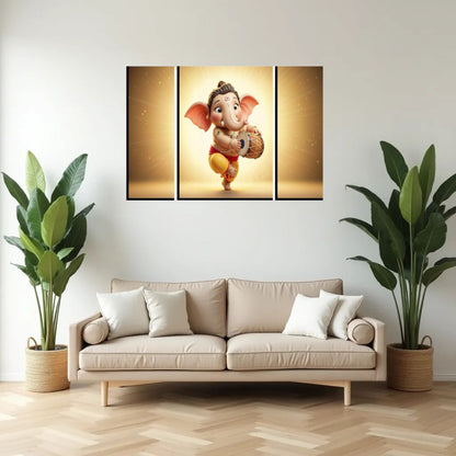 Ganesha 3-panel MDF wall frame home decor religious art, featuring intricate designs and vibrant colors, 16.5x12 inches.