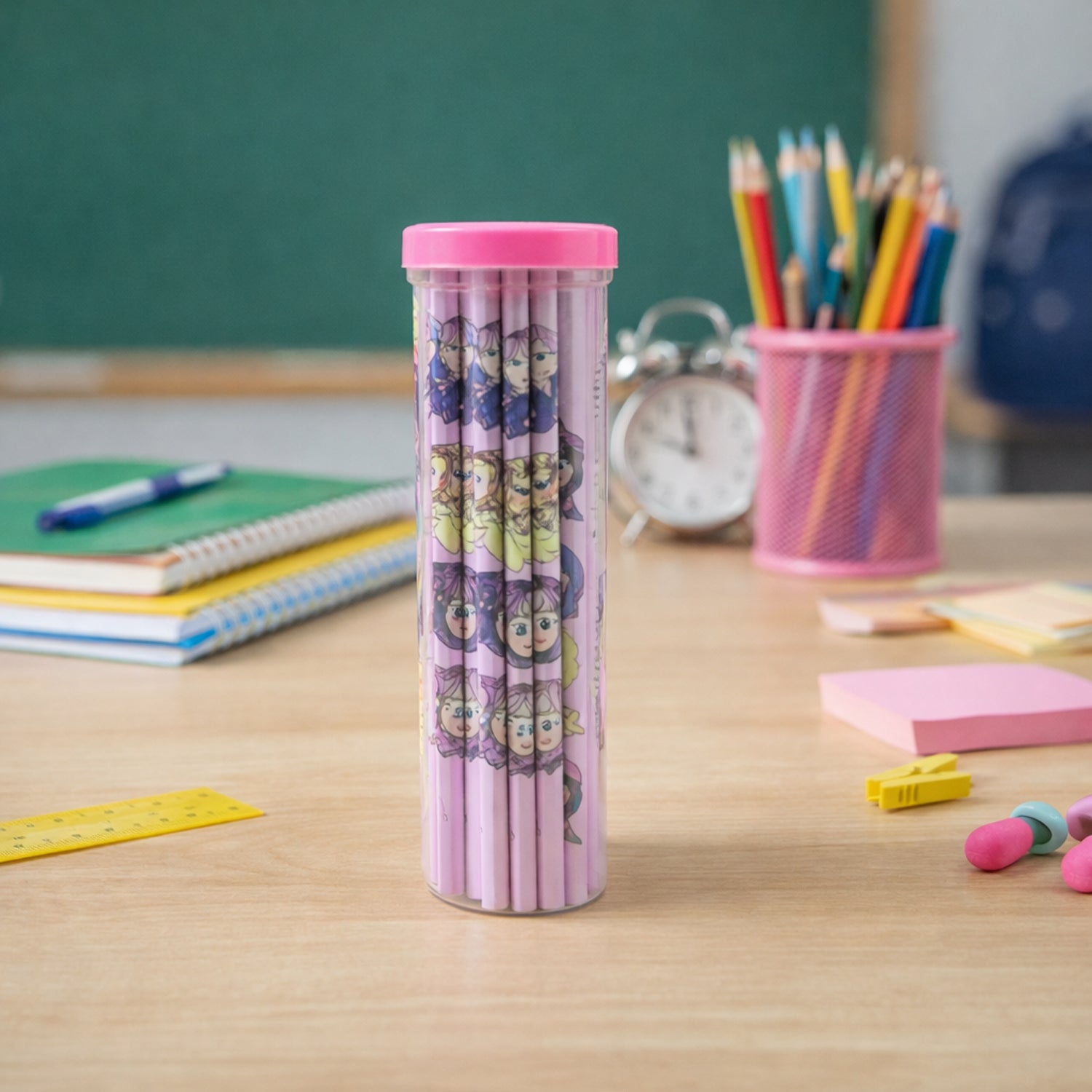 Set of 50 cartoon printed wooden pencils by Wukusy, featuring colorful and playful designs on smooth wooden surfaces.