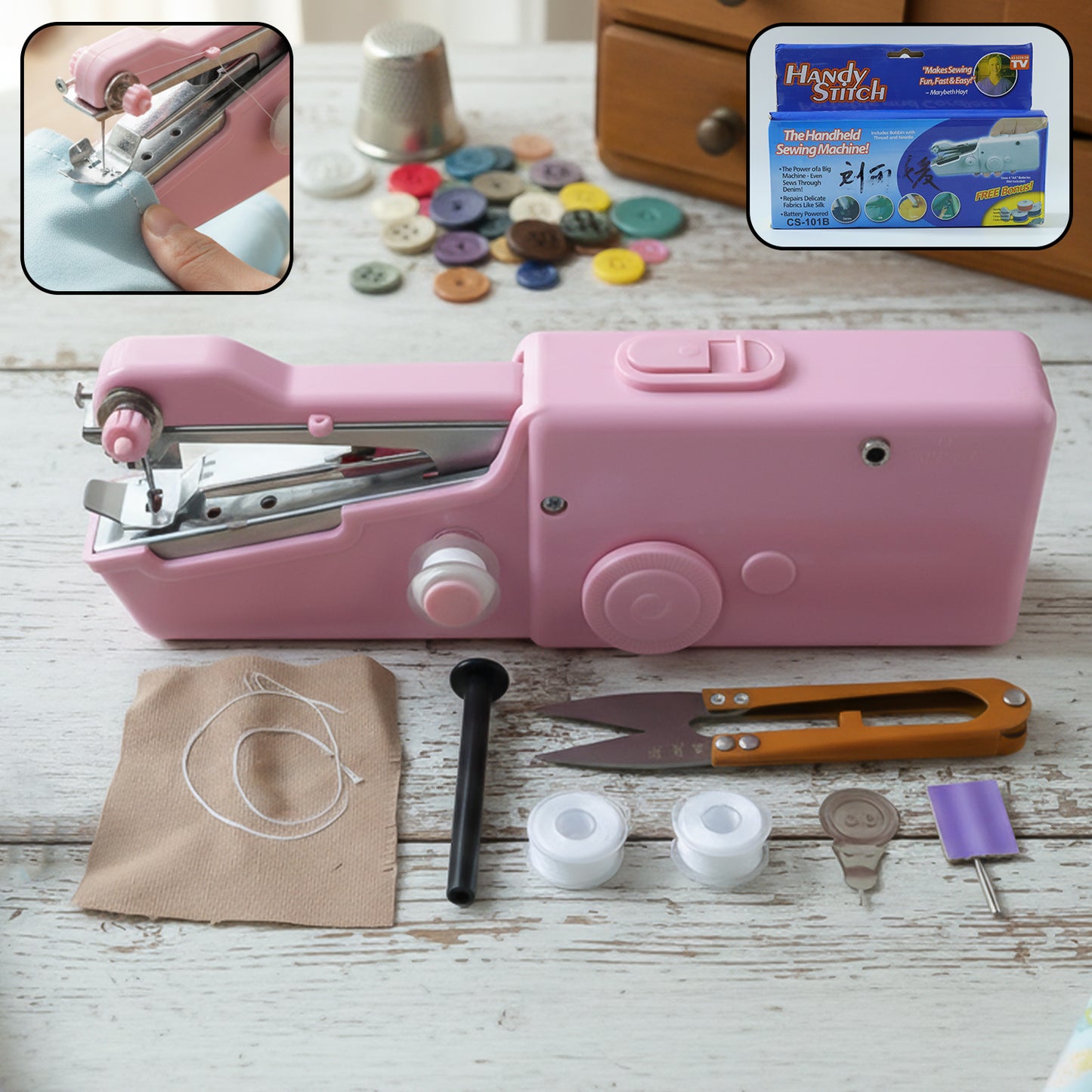 Wukusy portable handheld sewing machine set with compact design, perfect for quick sewing repairs and small fabric projects.