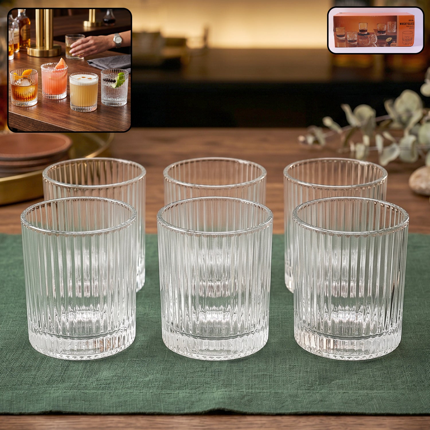 Set of six Wukusy premium crystal glass tumblers, each 250ml, showcasing clear, elegant drinkware with a smooth, rounded design.
