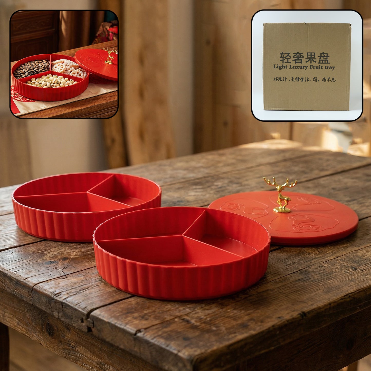 Wukusy 2-layer decorative dry fruit and snack serving tray with multiple compartments for nuts, dried fruits, and snacks.