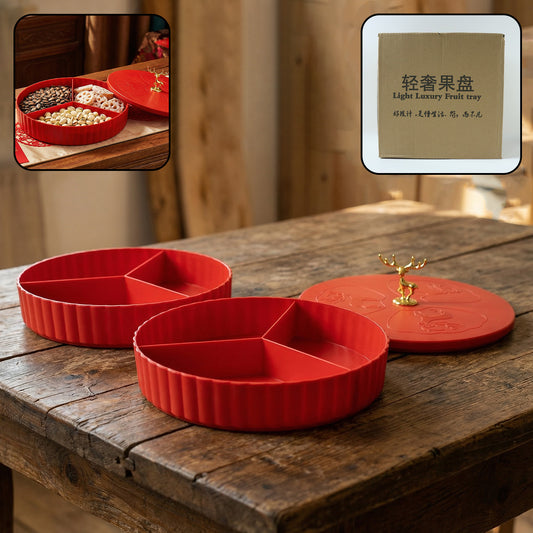 Wukusy 2-layer decorative dry fruit and snack serving tray with multiple compartments for nuts, dried fruits, and snacks.