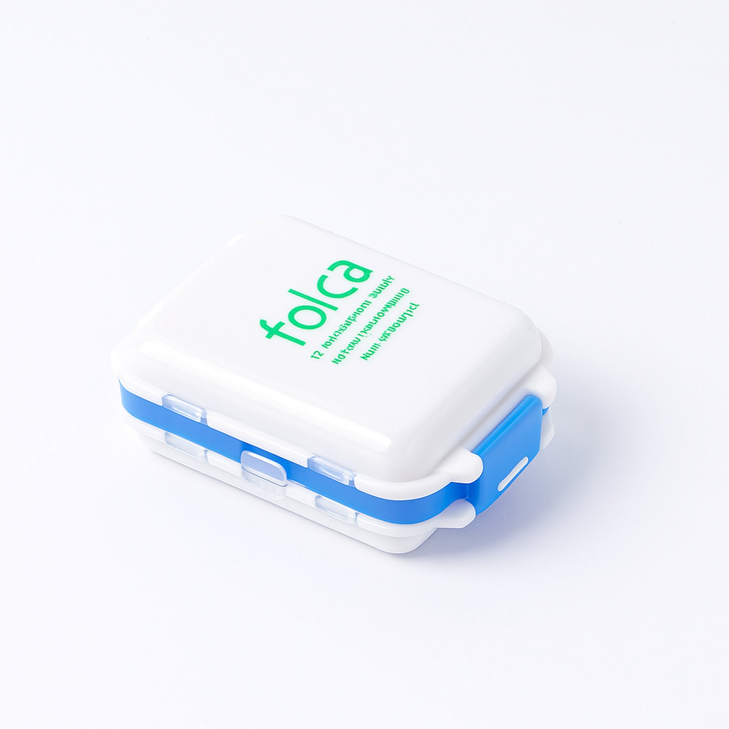 Blue Wukusy portable dual-sided pill organizer box with multiple compartments for medication storage and organization.