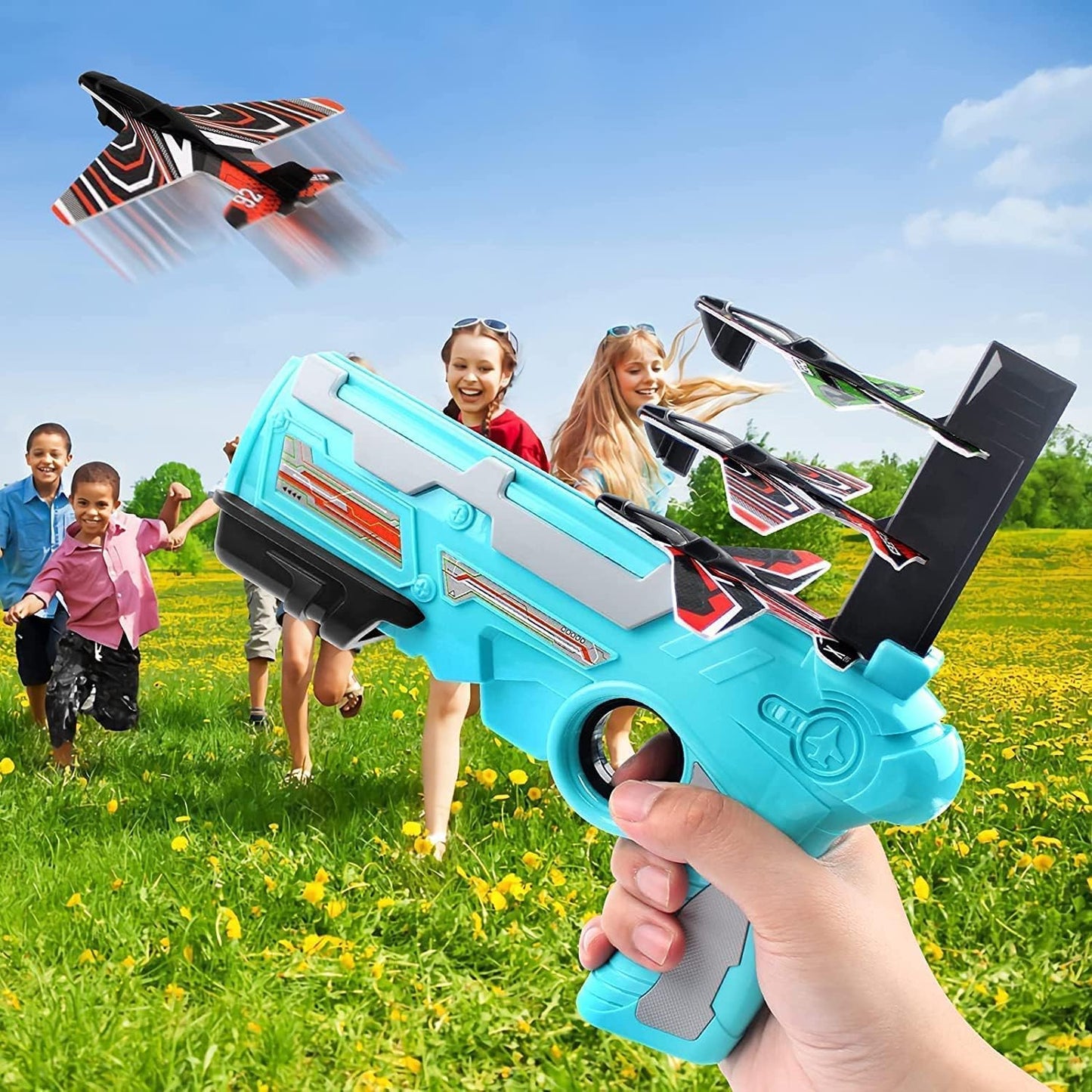 Wukusy 4710 airplane launcher gun toy with foam glider planes, outdoor kids' toy for air battles, includes 5 foam planes.