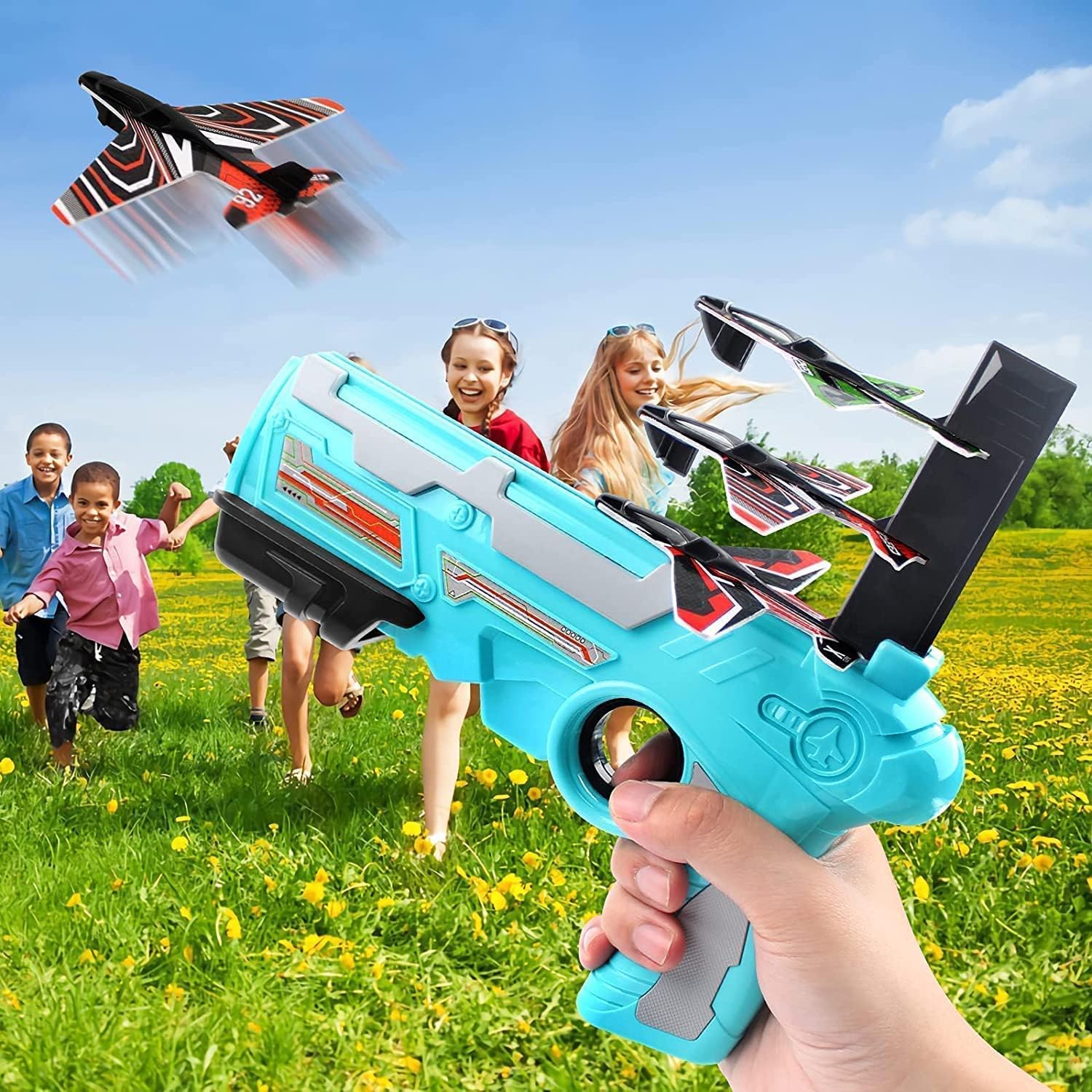 Wukusy 4710 airplane launcher gun toy with foam glider planes, outdoor kids' toy for air battles, includes 5 foam planes.